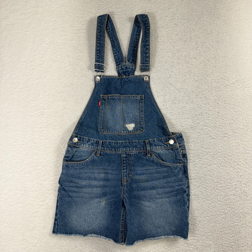 Levi's Shortall Girls 14 Reg Blue Cotton Denim Overalls (W30) Button Distressed
